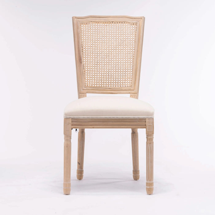 French Style Solid Wood Frame Linen Fabric Square Rattan Back Dining Chair,Set of 2,Cream Default -DTYStore
