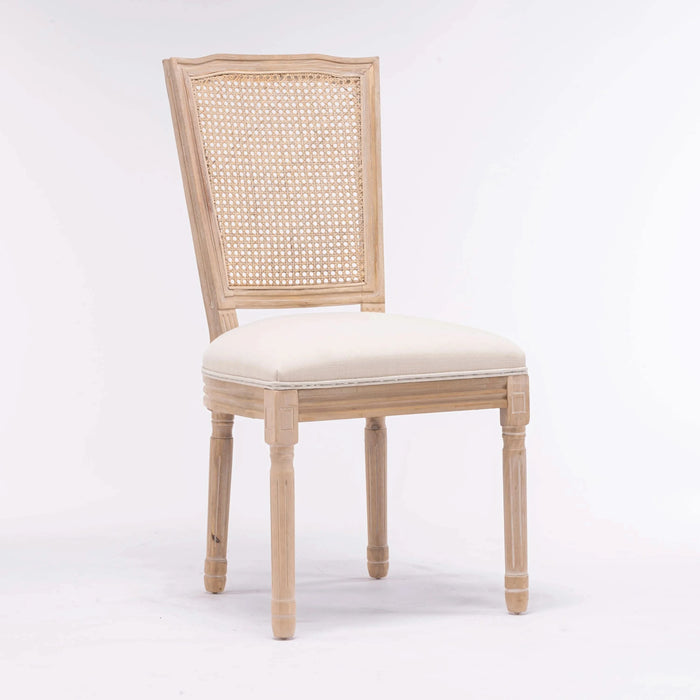 French Style Solid Wood Frame Linen Fabric Square Rattan Back Dining Chair,Set of 2,Cream Default -DTYStore