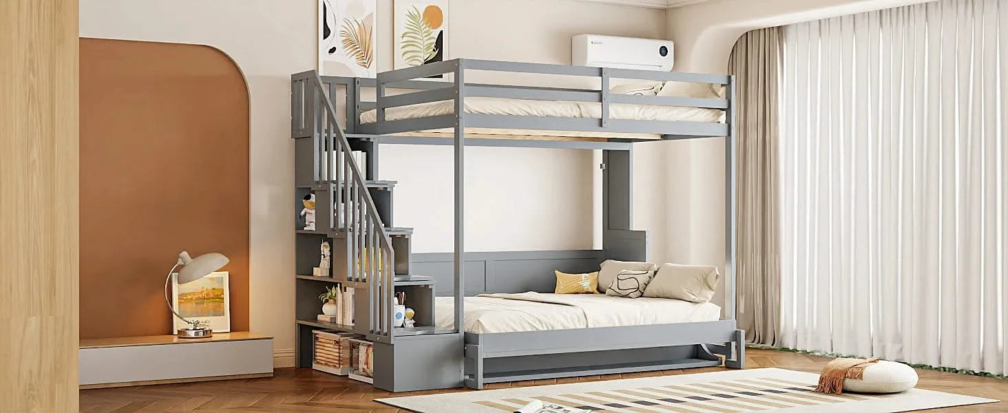 Full Over Full Size Murphy Bed with Hydraulic Lift & Desk Design, Gray Default -DTYStore