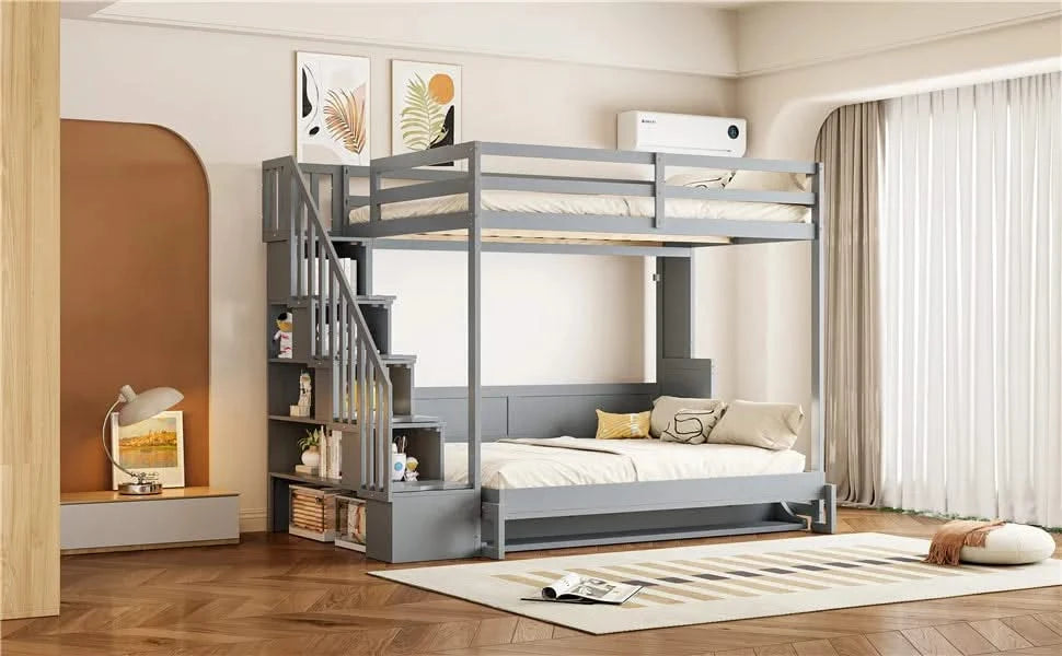 Full Over Full Size Murphy Bed with Hydraulic Lift & Desk Design, Gray Default -DTYStore