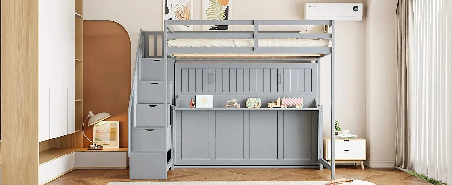 Full Over Full Size Murphy Bed with Hydraulic Lift & Desk Design, Gray Default -DTYStore