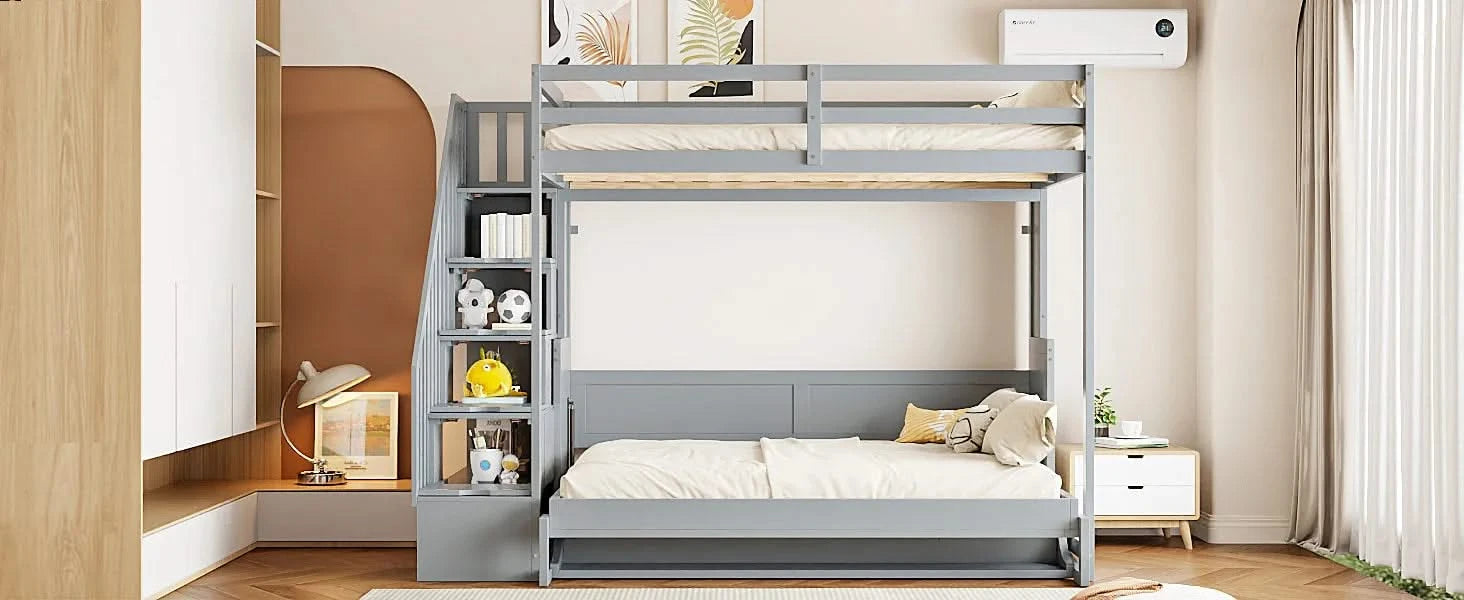 Full Over Full Size Murphy Bed with Hydraulic Lift & Desk Design, Gray Default -DTYStore