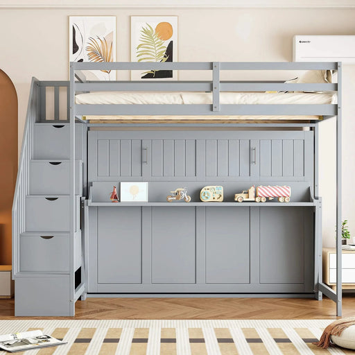 Full Over Full Size Murphy Bed with Hydraulic Lift & Desk Design, Gray Default -DTYStore
