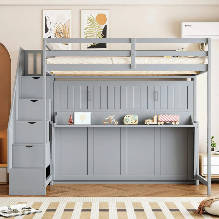 Full Over Full Size Murphy Bed with Hydraulic Lift & Desk Design, Gray Default -DTYStore