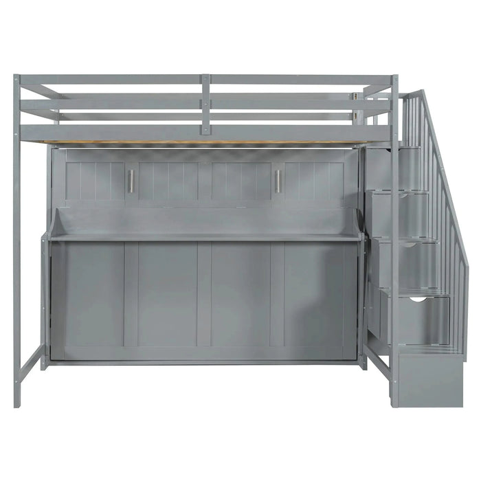 Full Over Full Size Murphy Bed with Hydraulic Lift & Desk Design, Gray Default -DTYStore