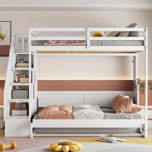 Full Over Full Size Murphy Bed with Hydraulic Lift & Desk Design, White Default -DTYStore