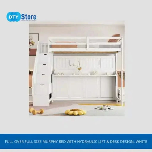 Full Over Full Size Murphy Bed with Hydraulic Lift & Desk Design, White Default -DTYStore
