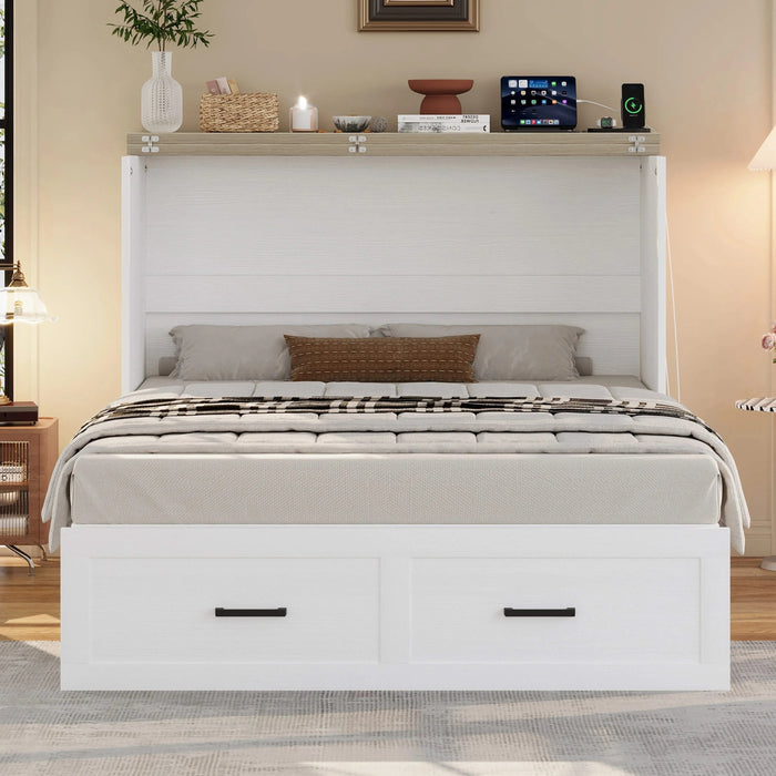 Full Size Farmhouse Murphy Cabinet Bed with Charging Station, Foldable Platform Bed with Large Storage Drawer for Guest-Room, Small Bedroom, White Default -DTYStore