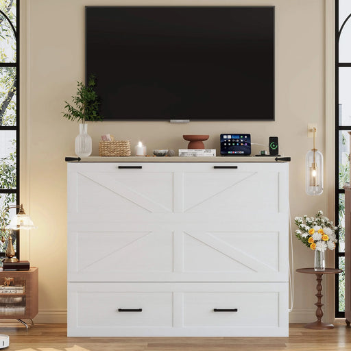 Full Size Farmhouse Murphy Cabinet Bed with Charging Station, Foldable Platform Bed with Large Storage Drawer for Guest-Room, Small Bedroom, White Default -DTYStore