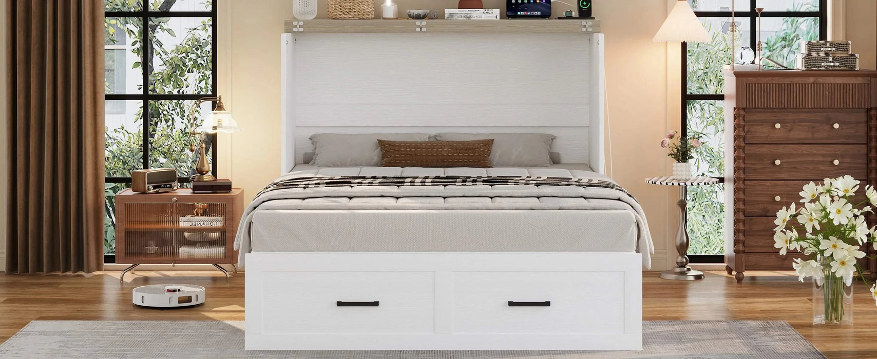 Full Size Farmhouse Murphy Cabinet Bed with Charging Station, Foldable Platform Bed with Large Storage Drawer for Guest-Room, Small Bedroom, White Default -DTYStore