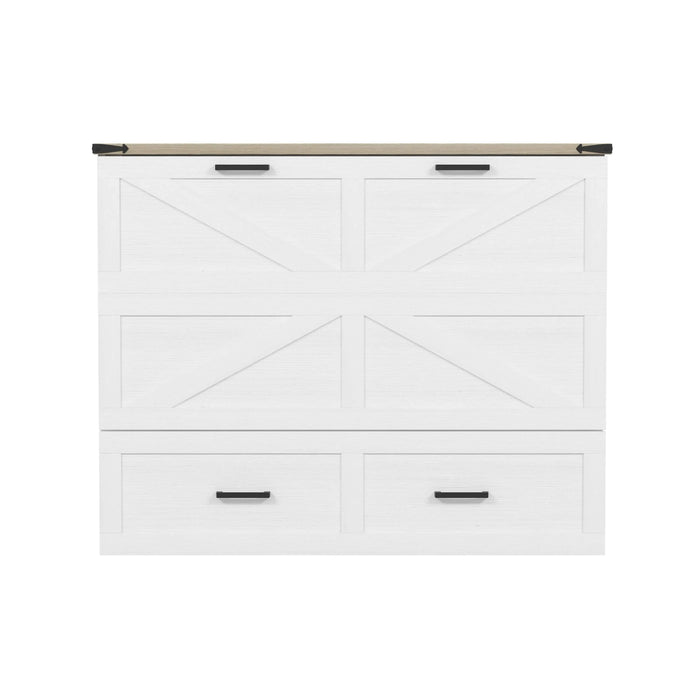 Full Size Farmhouse Murphy Cabinet Bed with Charging Station, Foldable Platform Bed with Large Storage Drawer for Guest-Room, Small Bedroom, White Default -DTYStore