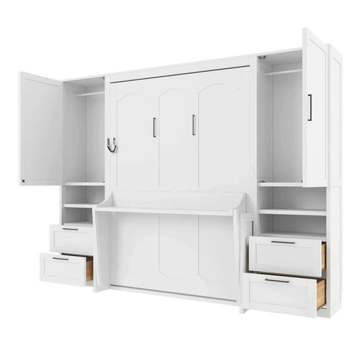 Full Size Murphy Bed Wall Bed with Closet ,Drawers and Shelves,White Default -DTYStore