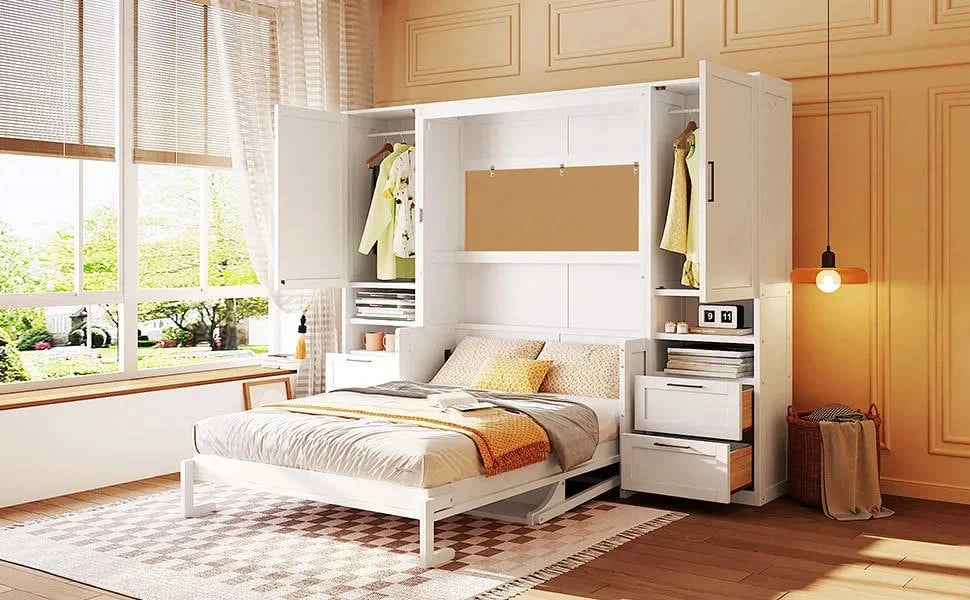 Full Size Murphy Bed Wall Bed with Closet ,Drawers and Shelves,White Default -DTYStore