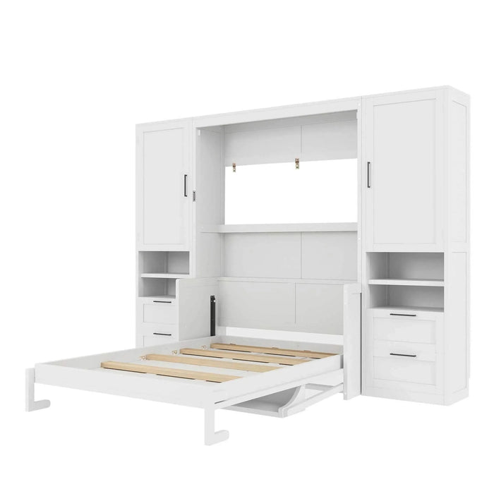 Full Size Murphy Bed Wall Bed with Closet ,Drawers and Shelves,White Default -DTYStore