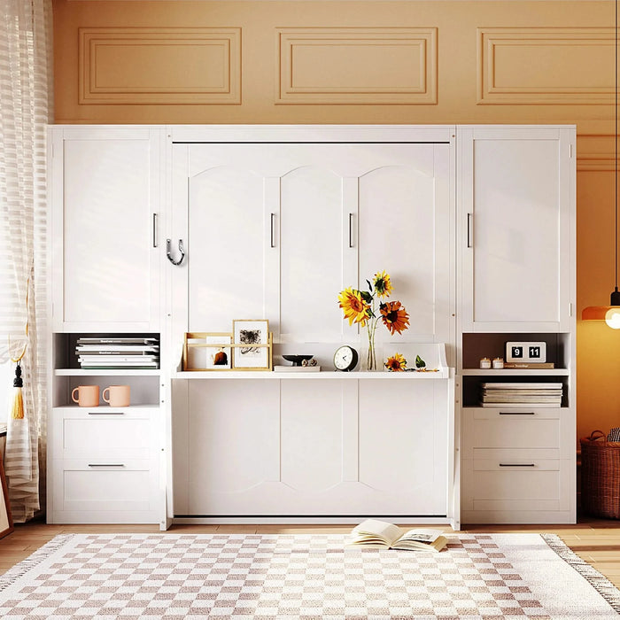 Full Size Murphy Bed Wall Bed with Closet ,Drawers and Shelves,White Default -DTYStore