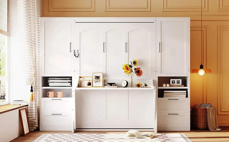 Full Size Murphy Bed Wall Bed with Closet ,Drawers and Shelves,White Default -DTYStore