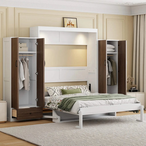 Full Size Murphy Bed Wall Bed with Closet ,Drawers and Table,White Default -DTYStore