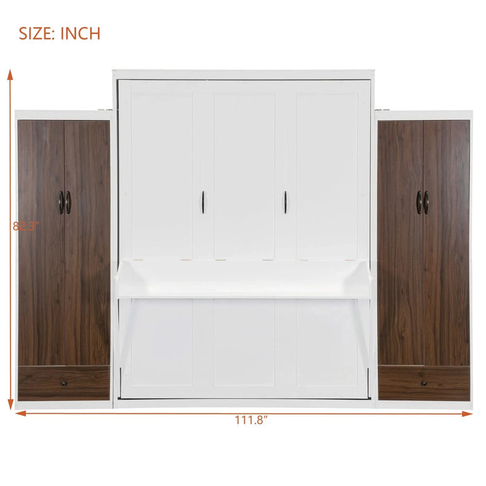 Full Size Murphy Bed Wall Bed with Closet ,Drawers and Table,White Default -DTYStore