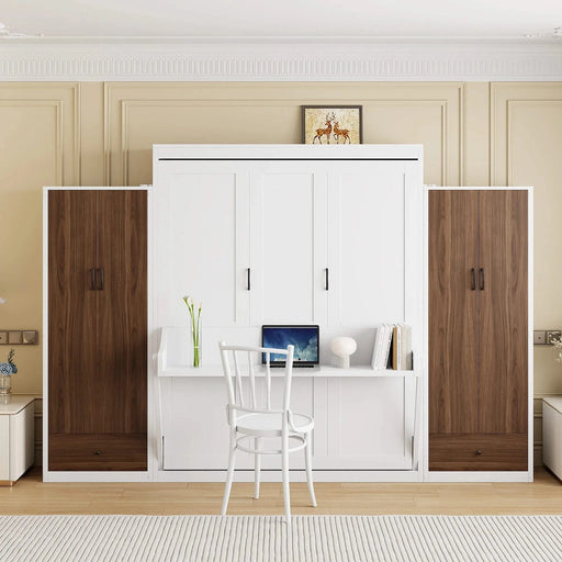 Full Size Murphy Bed Wall Bed with Closet ,Drawers and Table,White Default -DTYStore