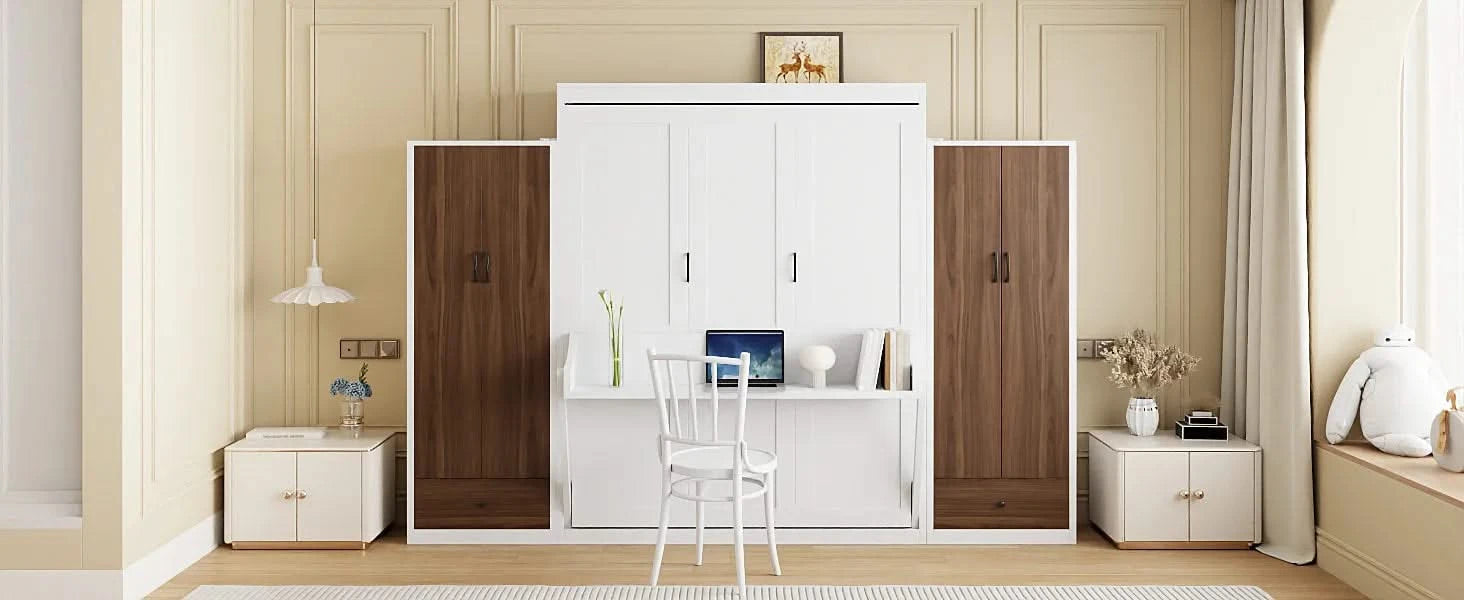Full Size Murphy Bed Wall Bed with Closet ,Drawers and Table,White Default -DTYStore