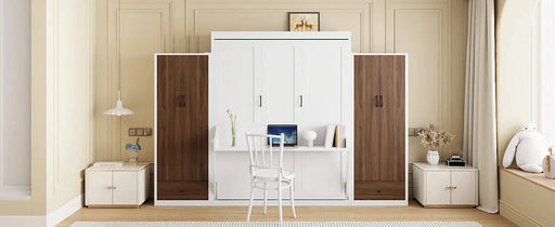 Full Size Murphy Bed Wall Bed with Closet ,Drawers and Table,White Default -DTYStore