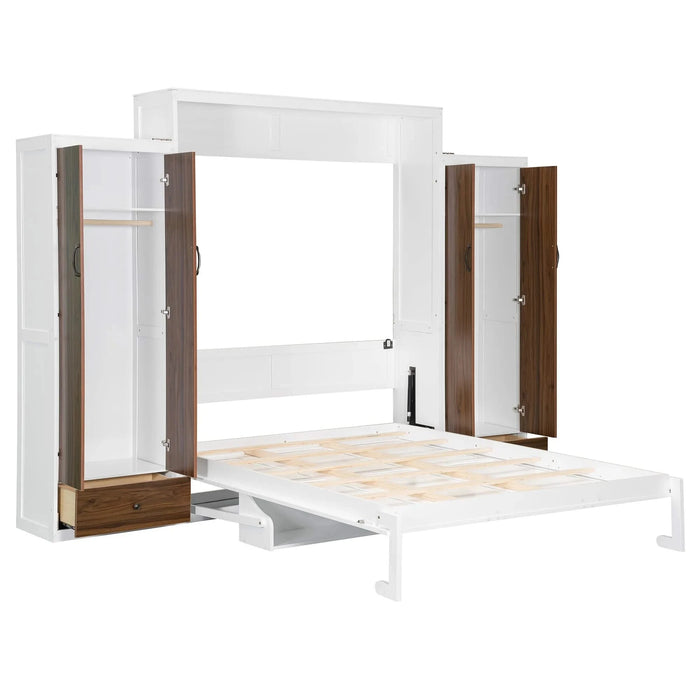 Full Size Murphy Bed Wall Bed with Closet ,Drawers and Table,White Default -DTYStore