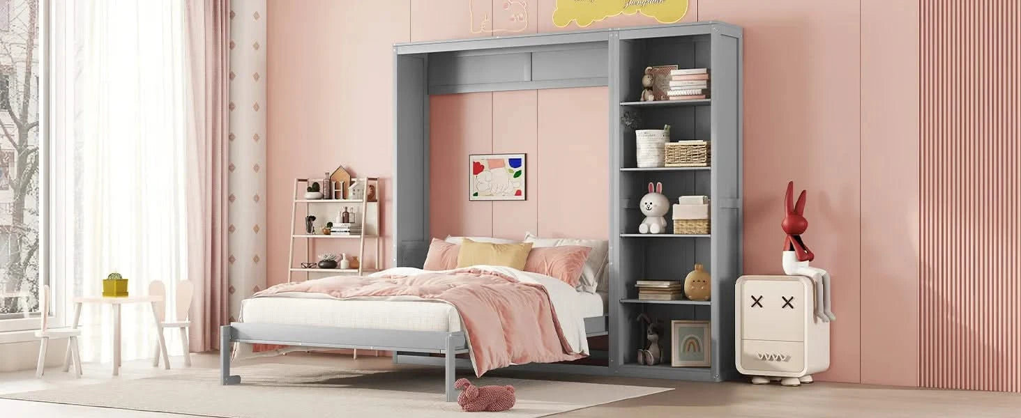 Full Size Murphy Bed Wall Bed with Shelves,Gray Default -DTYStore