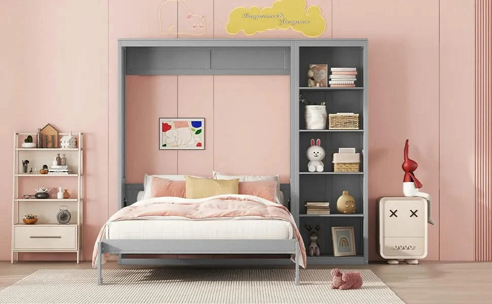 Full Size Murphy Bed Wall Bed with Shelves,Gray Default -DTYStore
