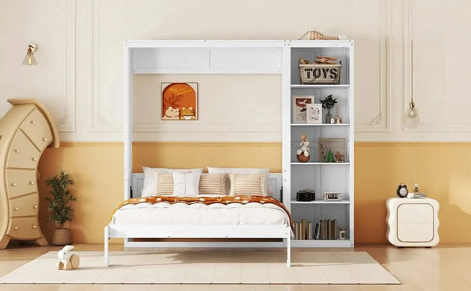 Full Size Murphy Bed Wall Bed with Shelves,White Default -DTYStore