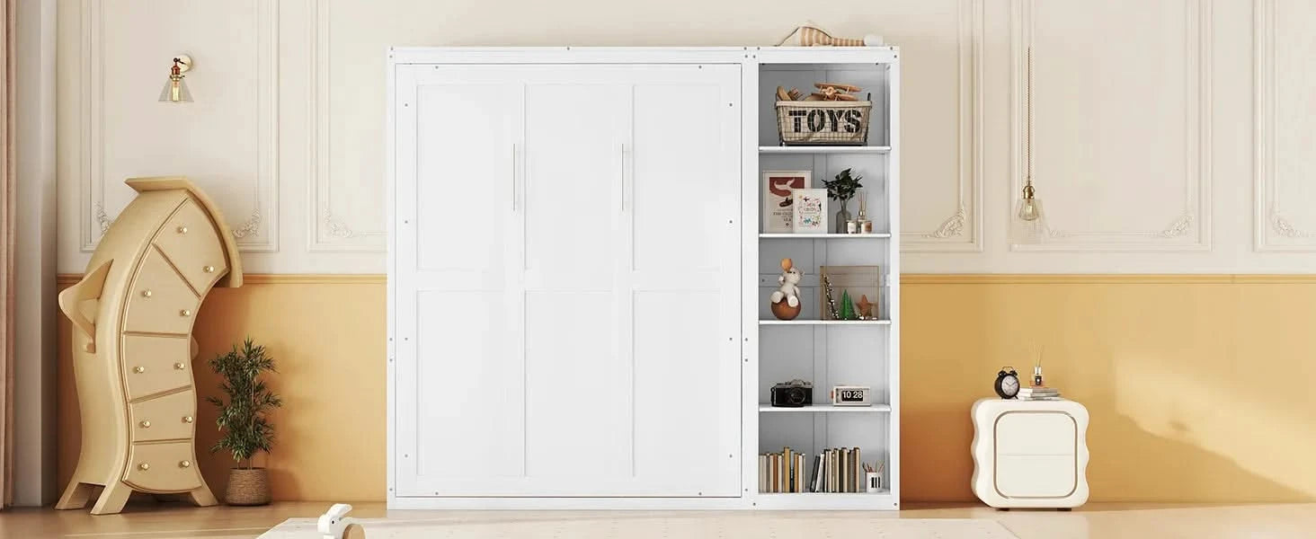 Full Size Murphy Bed Wall Bed with Shelves,White Default -DTYStore