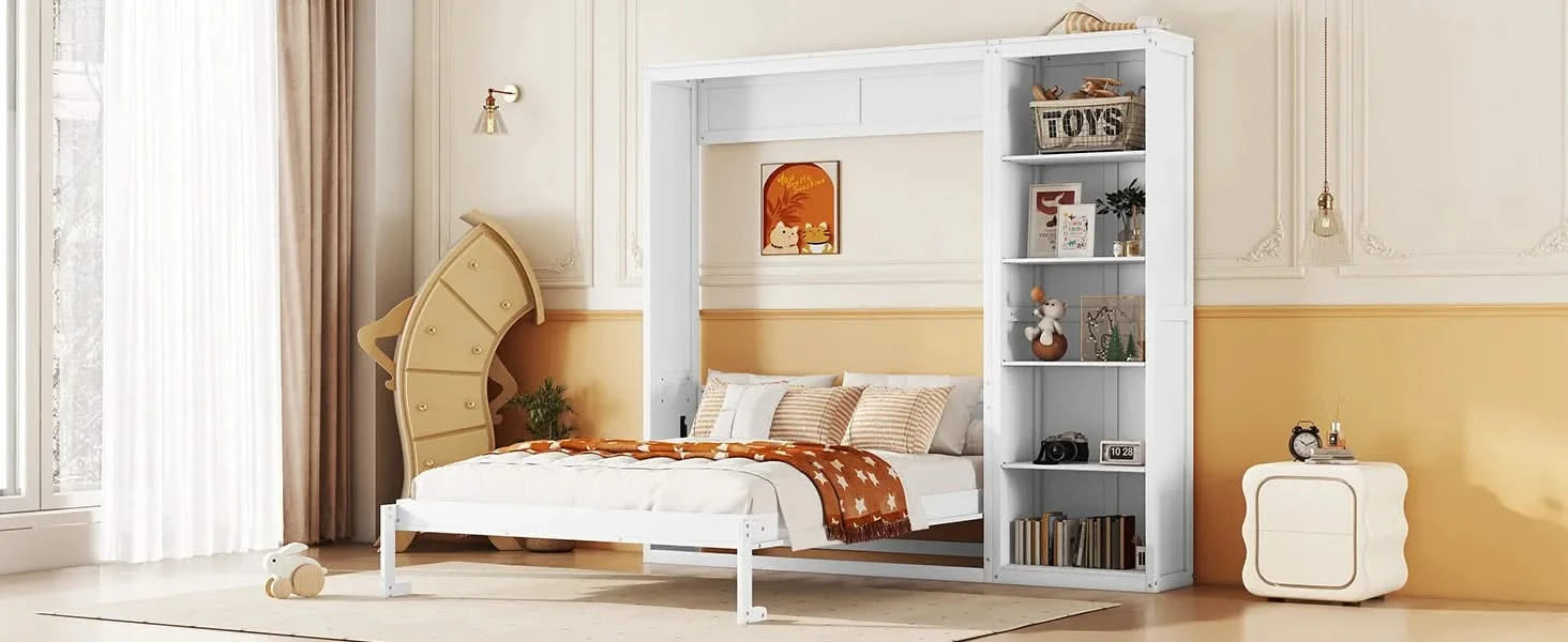 Full Size Murphy Bed Wall Bed with Shelves,White Default -DTYStore