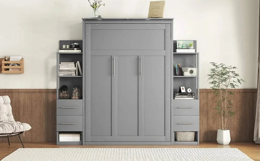 Full Size Murphy Bed Wall Bed with Shelves, Drawers and LED Lights,Gray Default -DTYStore
