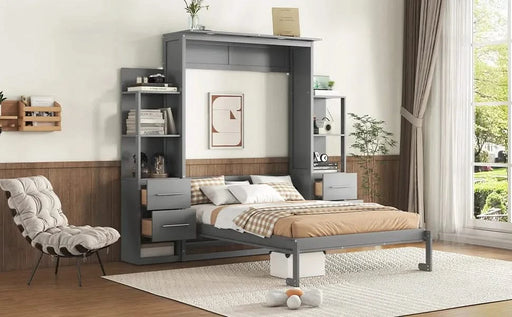 Full Size Murphy Bed Wall Bed with Shelves, Drawers and LED Lights,Gray Default -DTYStore