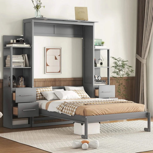 Full Size Murphy Bed Wall Bed with Shelves, Drawers and LED Lights,Gray Default -DTYStore