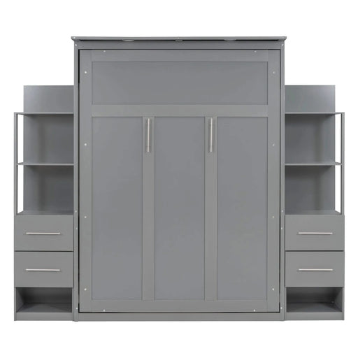 Full Size Murphy Bed Wall Bed with Shelves, Drawers and LED Lights,Gray Default -DTYStore
