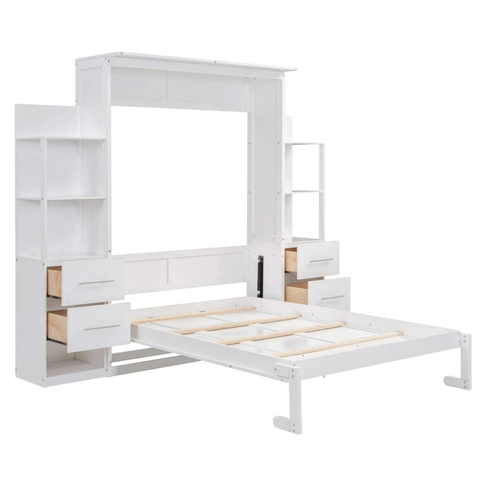 Full Size Murphy Bed Wall Bed with Shelves, Drawers and LED Lights,White Default -DTYStore