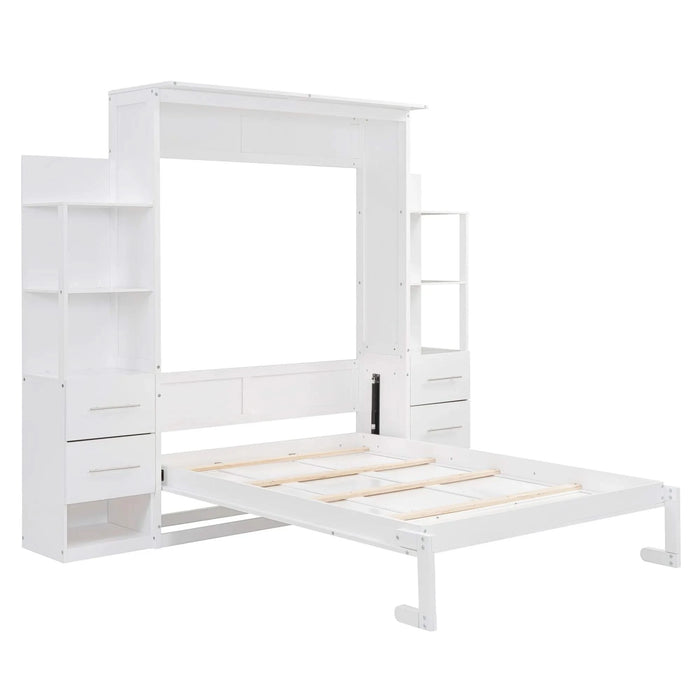 Full Size Murphy Bed Wall Bed with Shelves, Drawers and LED Lights,White Default -DTYStore