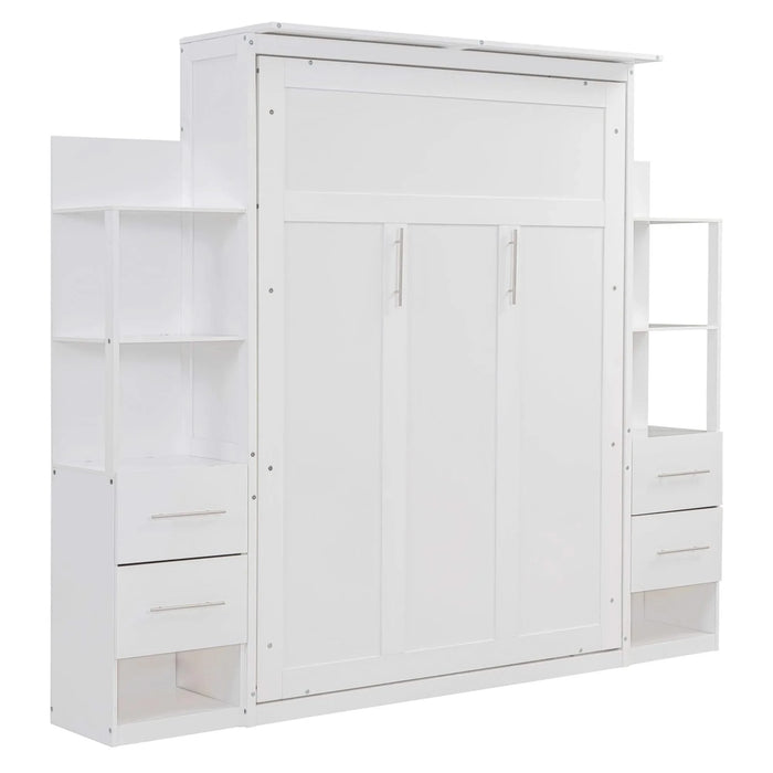 Full Size Murphy Bed Wall Bed with Shelves, Drawers and LED Lights,White Default -DTYStore