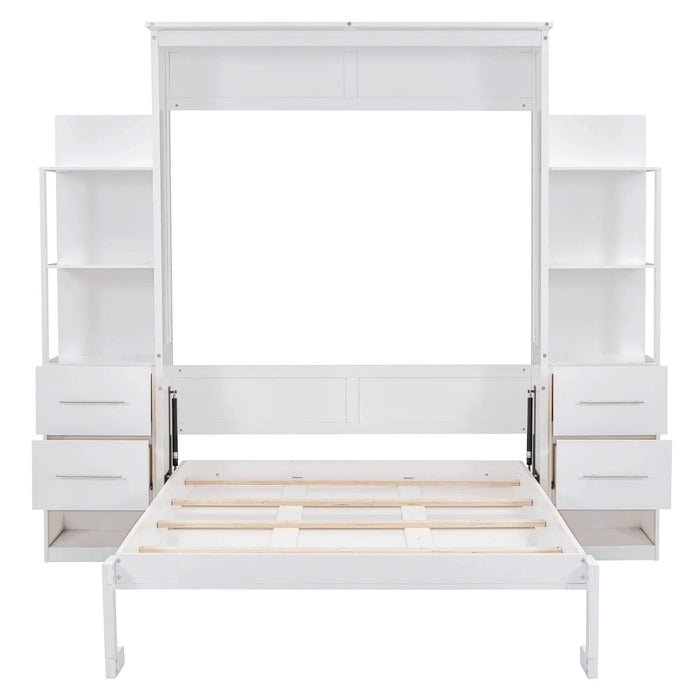 Full Size Murphy Bed Wall Bed with Shelves, Drawers and LED Lights,White Default -DTYStore