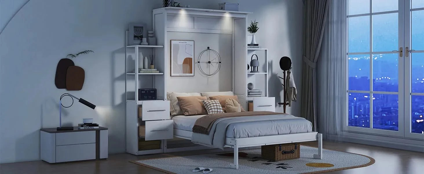 Full Size Murphy Bed Wall Bed with Shelves, Drawers and LED Lights,White Default -DTYStore