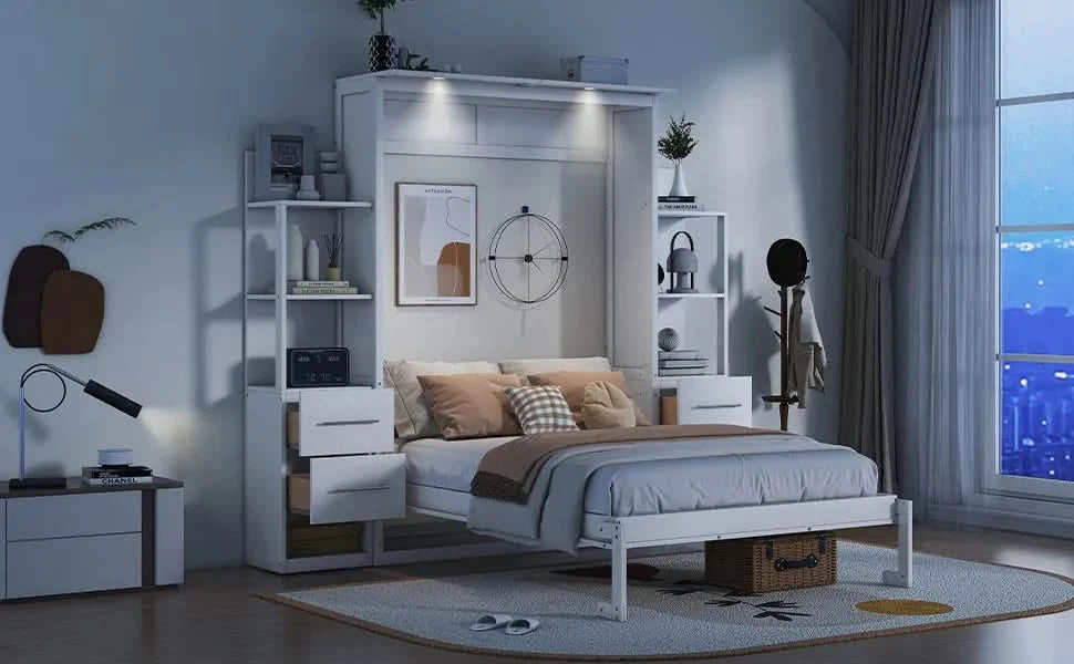 Full Size Murphy Bed Wall Bed with Shelves, Drawers and LED Lights,White Default -DTYStore