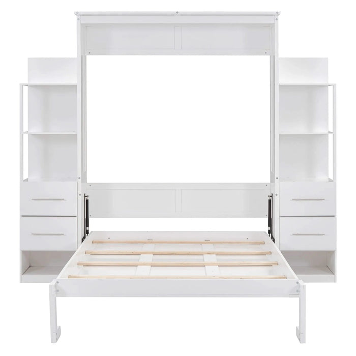 Full Size Murphy Bed Wall Bed with Shelves, Drawers and LED Lights,White Default -DTYStore