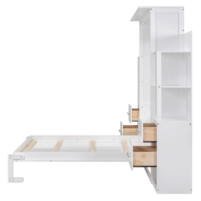Full Size Murphy Bed Wall Bed with Shelves, Drawers and LED Lights,White Default -DTYStore