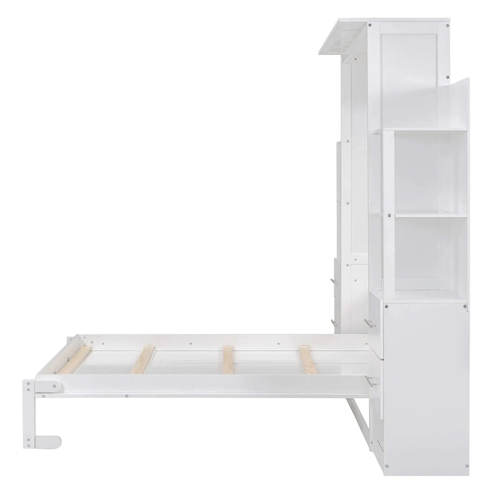 Full Size Murphy Bed Wall Bed with Shelves, Drawers and LED Lights,White Default -DTYStore