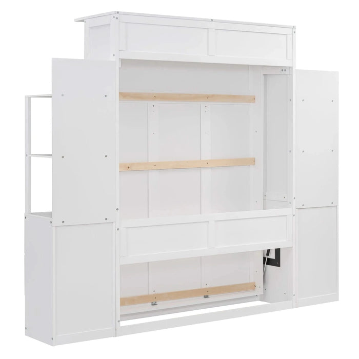 Full Size Murphy Bed Wall Bed with Shelves, Drawers and LED Lights,White Default -DTYStore