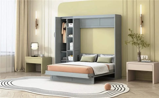 Full Size Murphy Bed Wall Bed with Shelves, Wardrobe and LED Lights,Gray Default -DTYStore