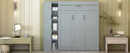 Full Size Murphy Bed Wall Bed with Shelves, Wardrobe and LED Lights,Gray Default -DTYStore