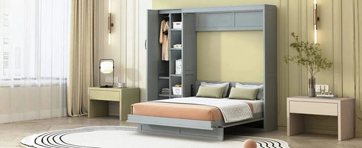 Full Size Murphy Bed Wall Bed with Shelves, Wardrobe and LED Lights,Gray Default -DTYStore