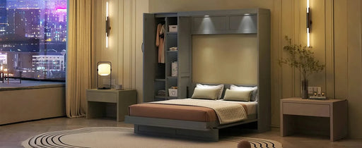 Full Size Murphy Bed Wall Bed with Shelves, Wardrobe and LED Lights,Gray Default -DTYStore