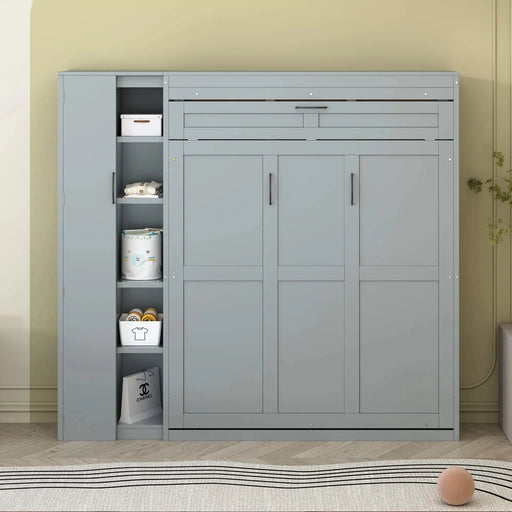 Full Size Murphy Bed Wall Bed with Shelves, Wardrobe and LED Lights,Gray Default -DTYStore